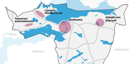 Kantakaupungin vaiheyleiskaavan 2021-2025 alue rajautuu pohjoisessa Näsijärveen ja Näsijärven Hangaslahdesta alkaen valtatie 9:ään ja muissa suunnissa naapurikuntiin: Kangasalaan, Lempäälään, Pirkkalaan, Nokiaan ja Ylöjärveen.