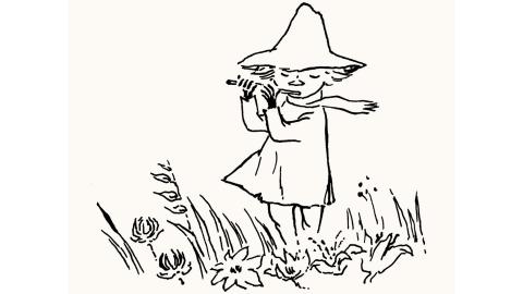 Hattupäinen hahmo soittaa huilua ruohikolla.