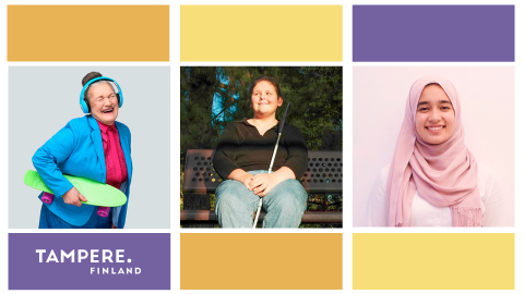 A photo collage of three women. One of them is holding a skateboard, another has a cane for the visually impaired and the third is wearing a hijab.