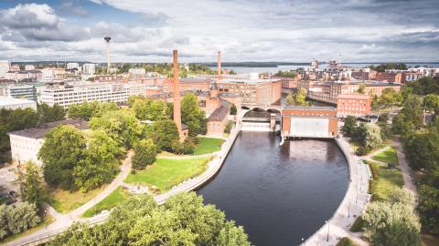 Tampere city center from sky on a summer day