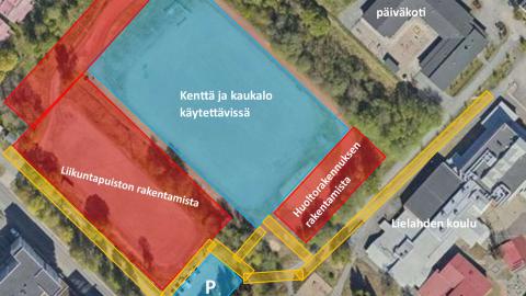 Lielahden liikuntapuiston työmaan aikaiset kulkureitit elokuusta 2024 alkaen.