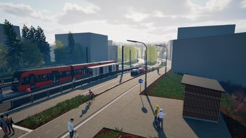 Kuvassa vasemmalla metsää, rakennusten hahmoja raitiotien ja kadun kahdella puolen, raitiovaunuja.