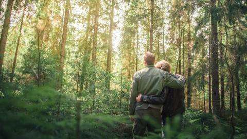 Kaksi henkilöä vihreässä metsässä katsovat kaukaisuuteen.