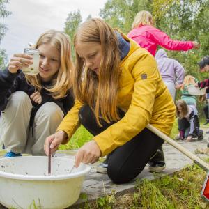 Two girls examinating a bowl and a glass jar in a swamp.