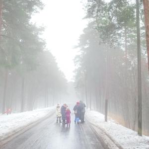 A family walking in Pyynikki in winter in a foggy weather.