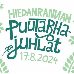 Vihreitä piirettyjä lehtiä ja teksti Hiedanrannan puutarhajuhlat 17.8.2024.