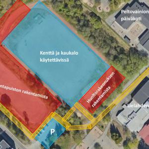 Lielahden liikuntapuiston työmaan aikaiset kulkureitit elokuusta 2024 alkaen.