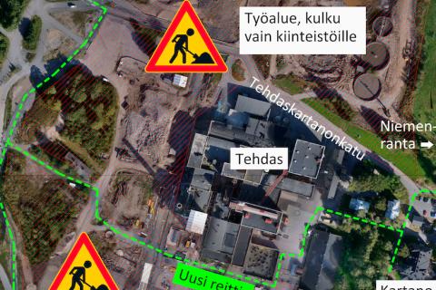 Kävely- ja pyöräreitti Hiedanrannassa kesällä 2023 kartalla.