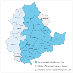 Map of Pirkanmaa region, where municipalities of different employment areas are marked in colour.